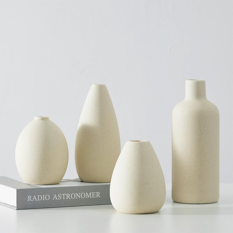 CEMABT Beige Ceramic Vase Set - 4 Small Unique Flower Vases for Centerpieces, Decorative Modern Vases for Home Decor - Image 1